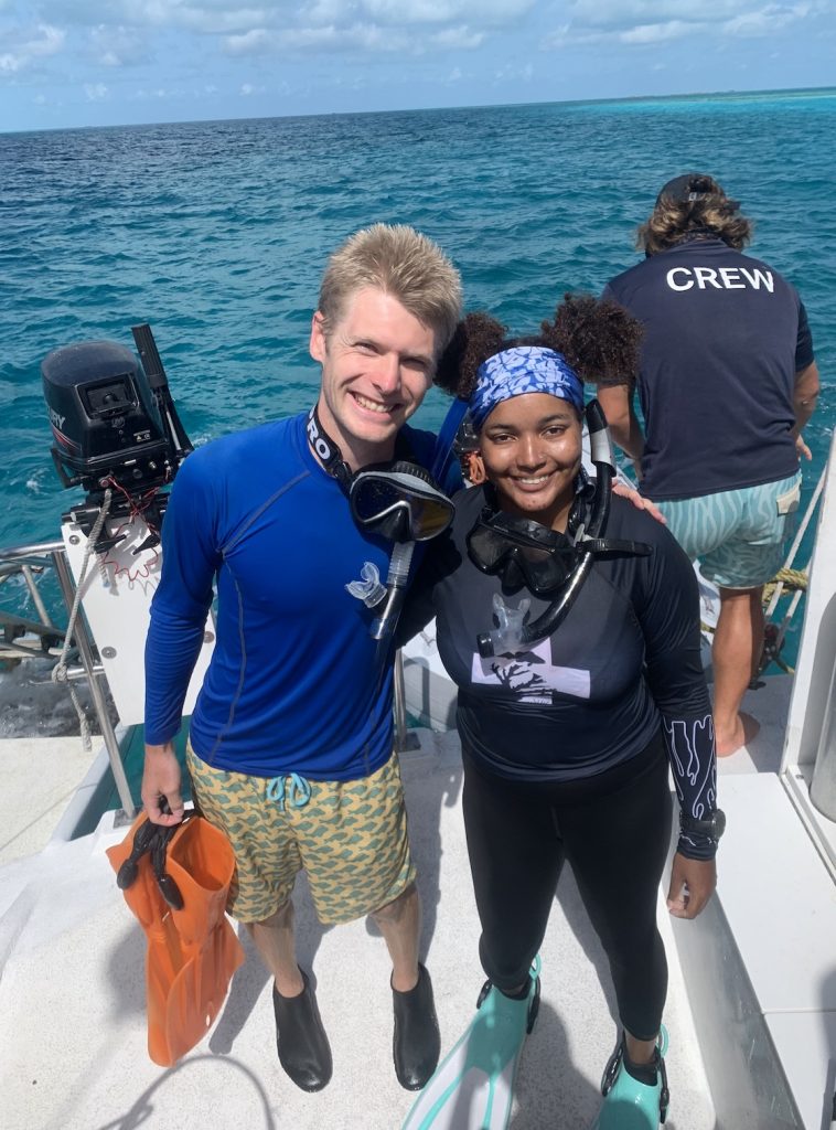 Will Greene, our photogrammetry and remote sensing specialist, and Taylor Walters, our coral technician, share a smile before diving into snorkel surveys in the Exuma Cays Land and Sea Park.