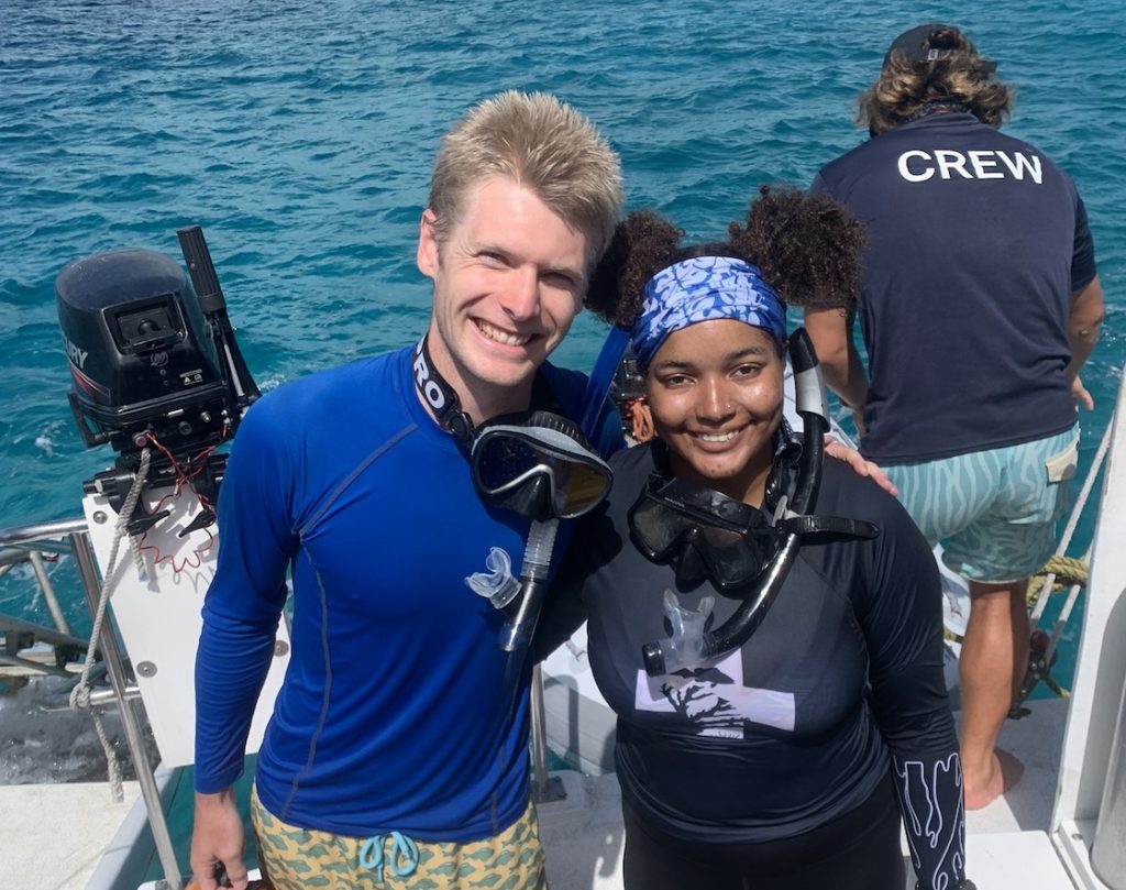 Will Greene, our photogrammetry and remote sensing specialist, and Taylor Walters, our coral technician, share a smile before diving into snorkel surveys in the Exuma Cays Land and Sea Park.