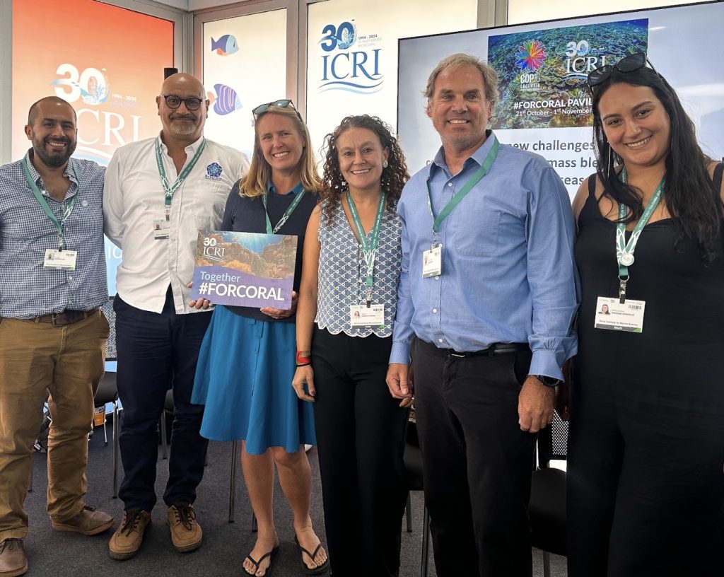 From left to right: Dr. Lorenzo Álvarez Filip (Mexico), Dr. Raúl Navas Camacho (Colombia), Dr. Karen Lynn Neely (USA), Dr. Valeria Pizarro (Colombia and The Bahamas), Dr. Craig Dahlgren (USA and The Bahamas), and Juliana Vanegas (Colombia) – leading voices in coral reef conservation join forces at COP16 to tackle the urgent threats facing our global coral ecosystems.